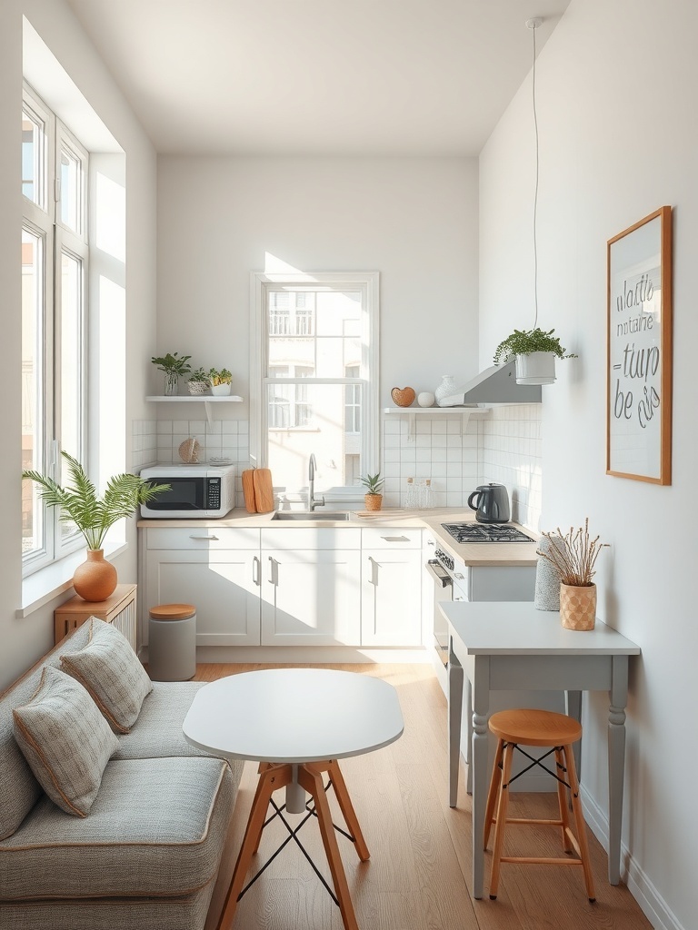 A bright, small kitchen with white cabinets, light wood flooring, and a cozy dining area.