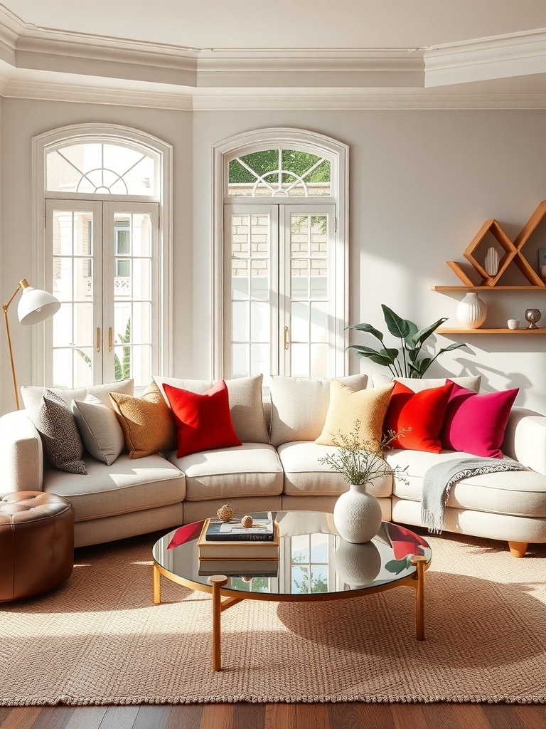 A stylish living room featuring a light sofa adorned with colorful accent pillows, a round coffee table, and large windows letting in natural light.