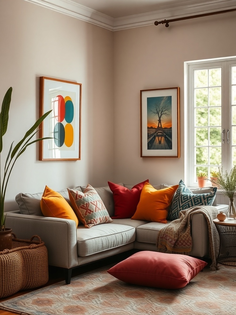 Cozy living room with colorful throw pillows and artwork on the walls