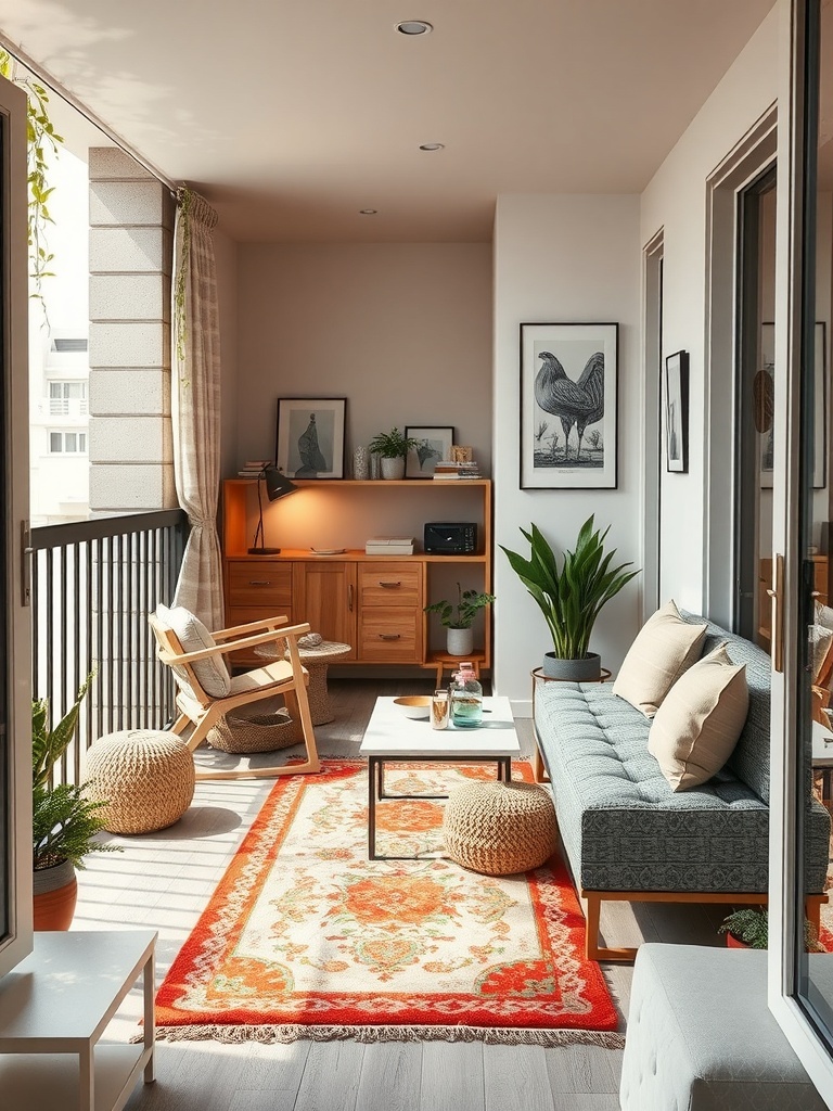A small balcony decorated with a colorful outdoor rug, plants, and comfortable seating.