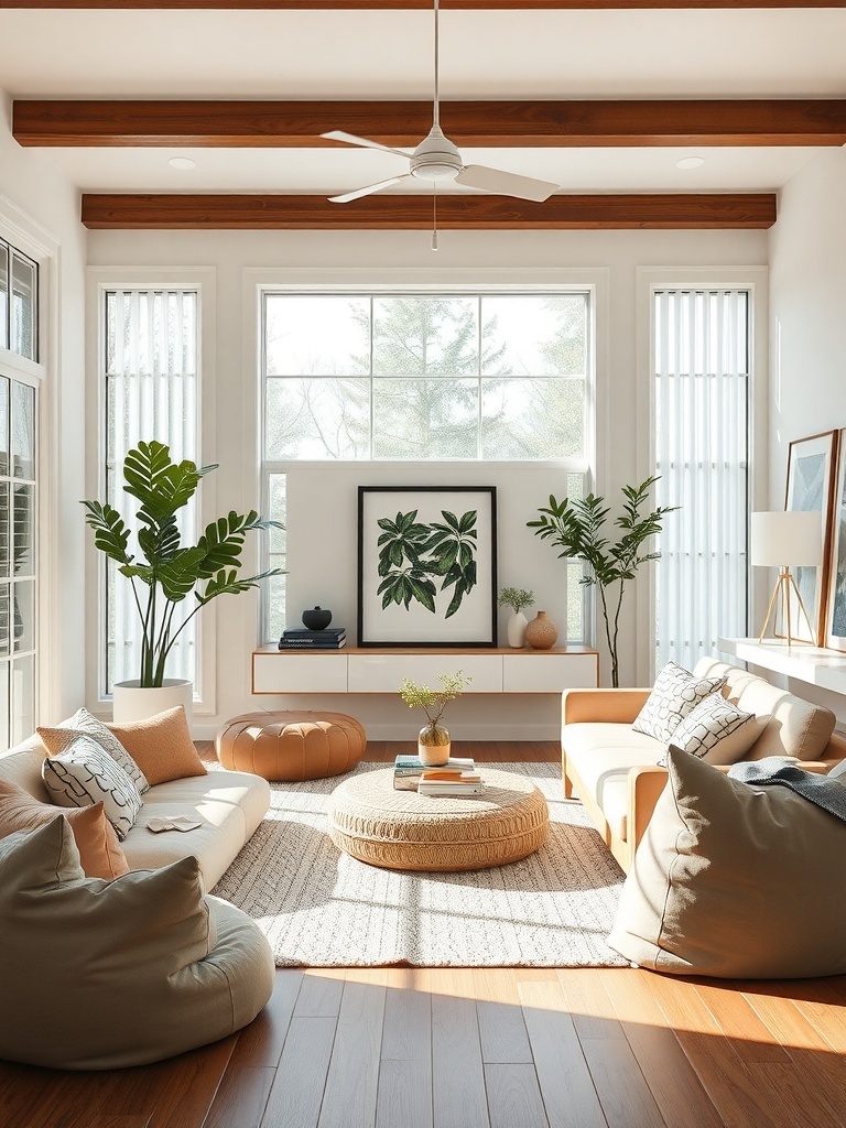 A cozy living room with floor seating, featuring cushions and poufs, large windows, and plants.