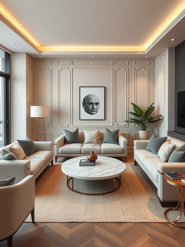A luxurious living room with light-colored sofas, a round coffee table, and elegant decor.