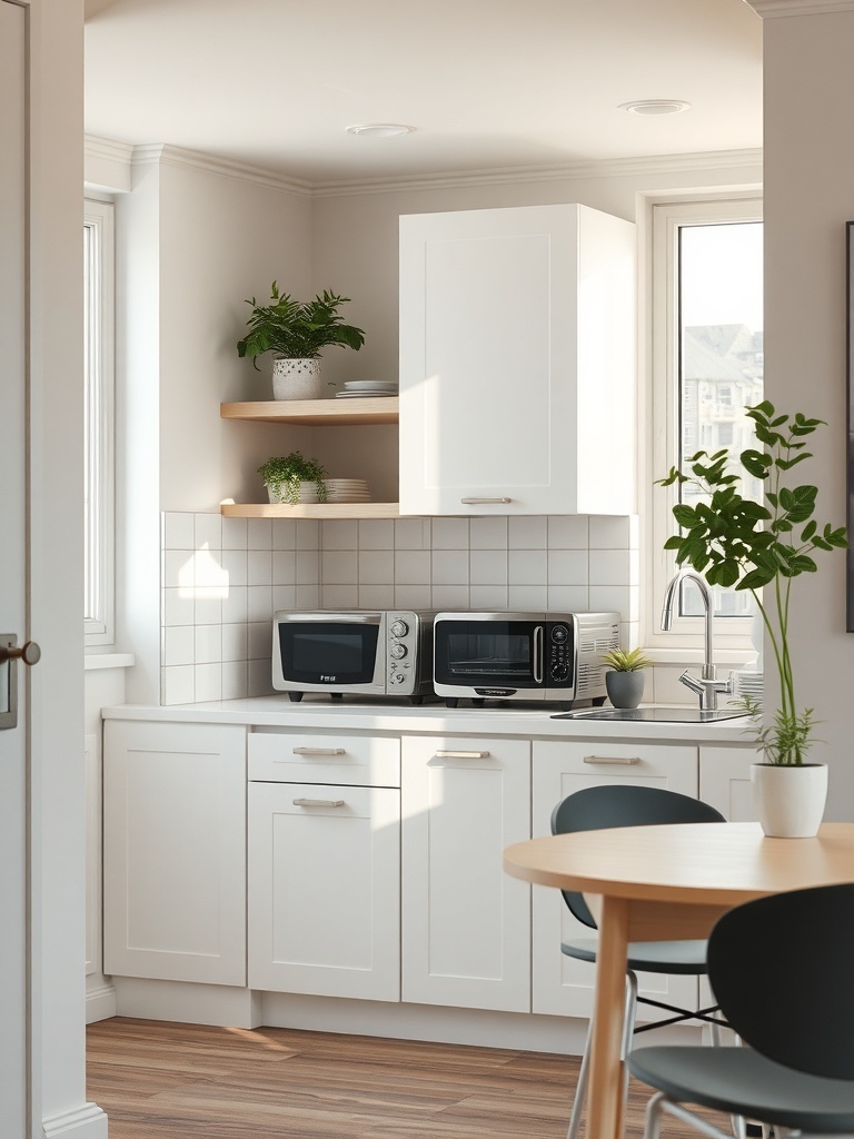 A small kitchen featuring compact appliances like a microwave and toaster, with a clean and organized layout.