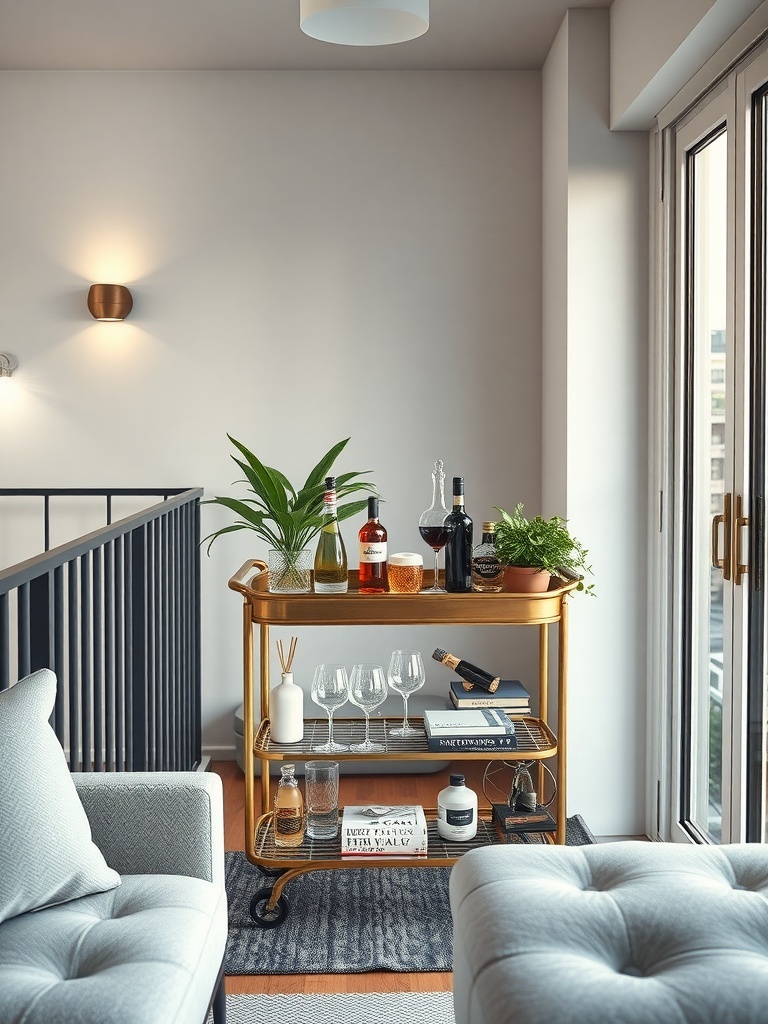 A stylish compact bar cart with drinks and glasses on a small balcony.