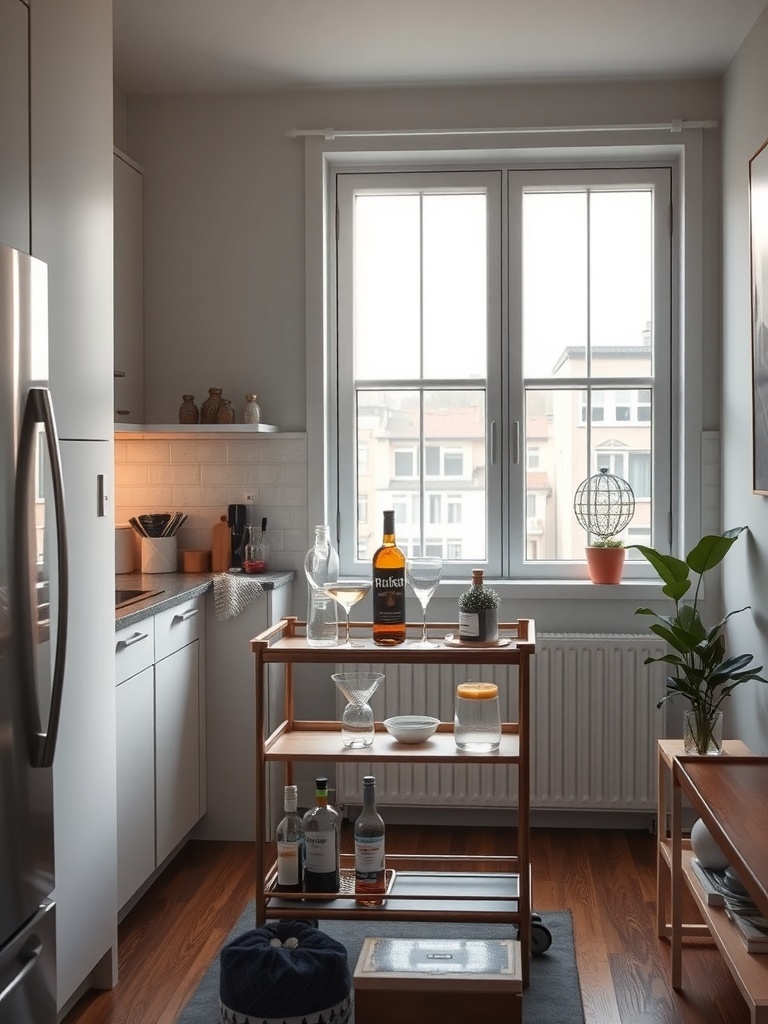 A small kitchen featuring a stylish bar cart with drinks and glassware.