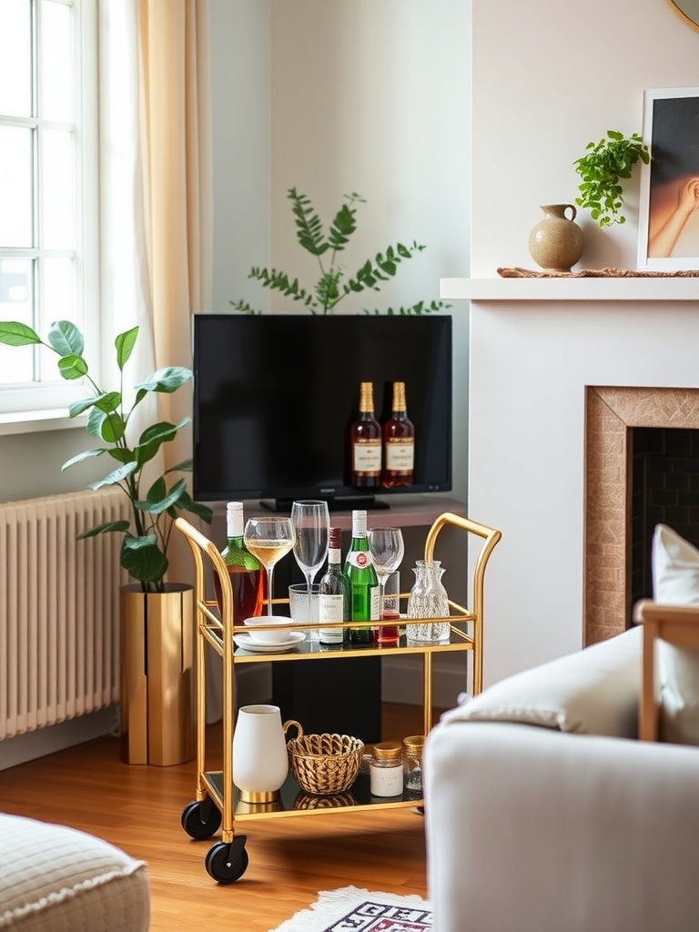 A stylish gold bar cart with drinks and glassware in a small living room setting.