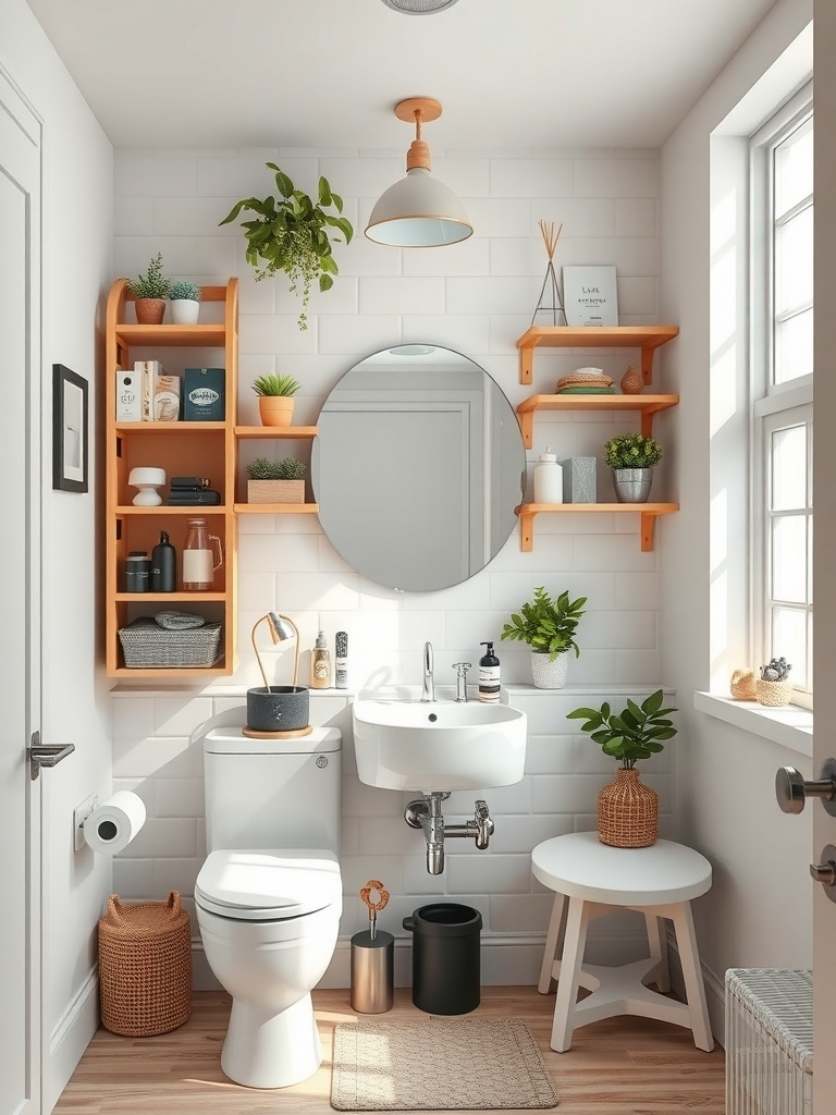Compact bathroom with floating shelves, plants, and a round mirror.