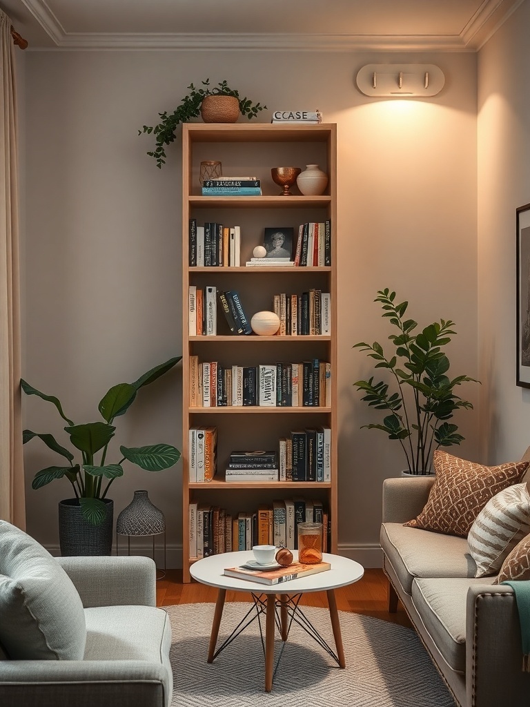 A tall, slim bookcase filled with books and decorative items in a cozy living room setting.
