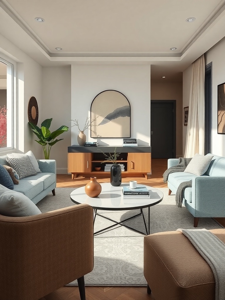 A cozy living room featuring a compact round coffee table surrounded by stylish seating.
