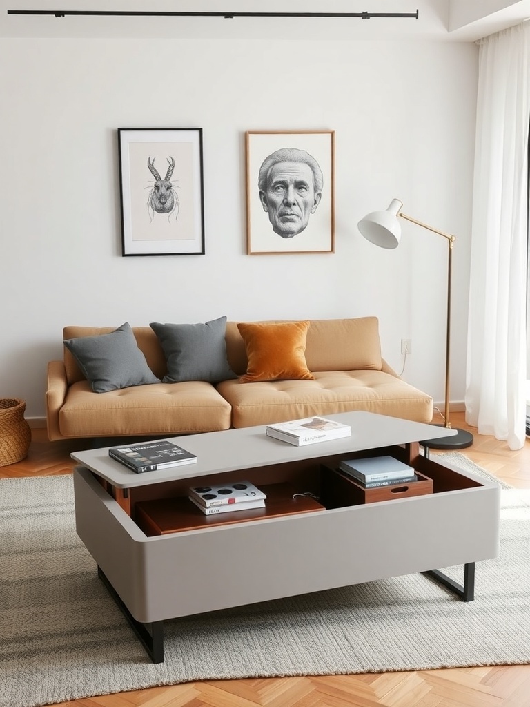 A stylish compact coffee table with storage in a small living room setting