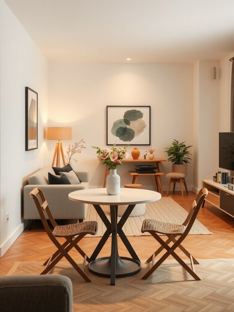 A compact dining set featuring a round table and two folding chairs in a small living room.