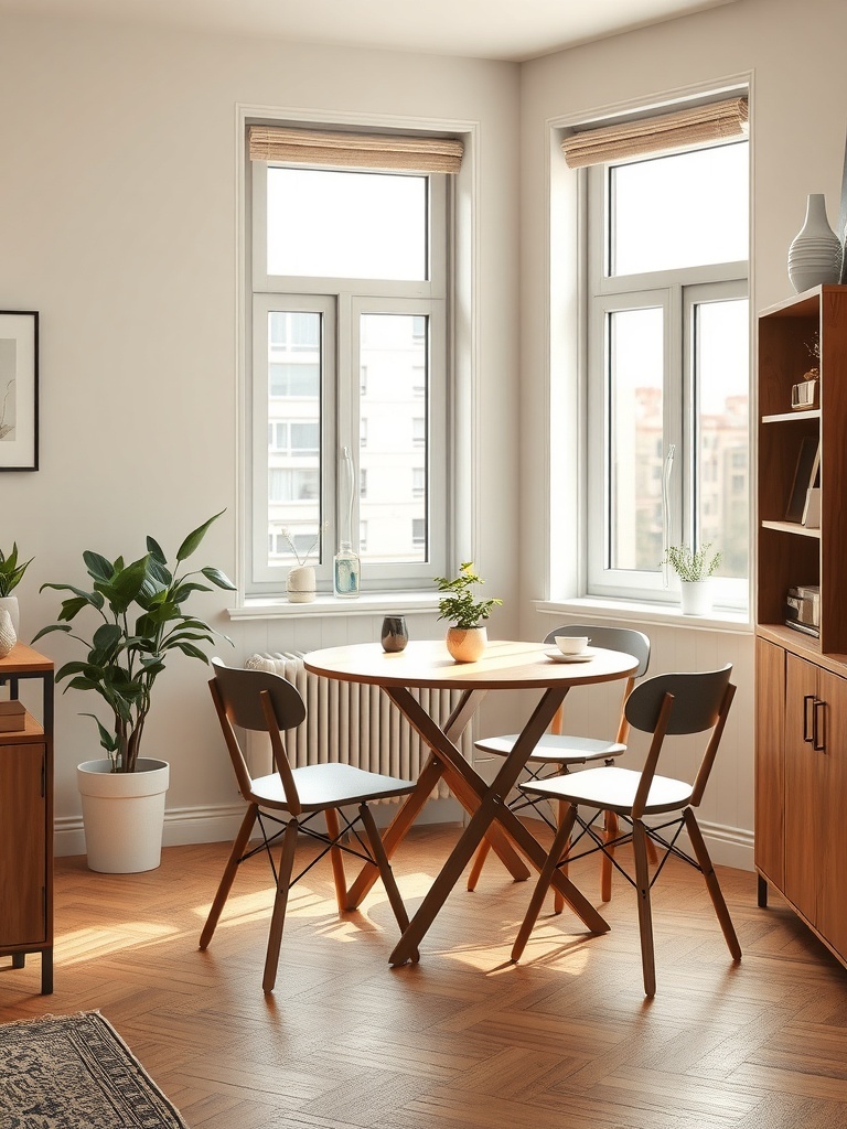A cozy dining area in a small apartment featuring a round table and folding chairs.