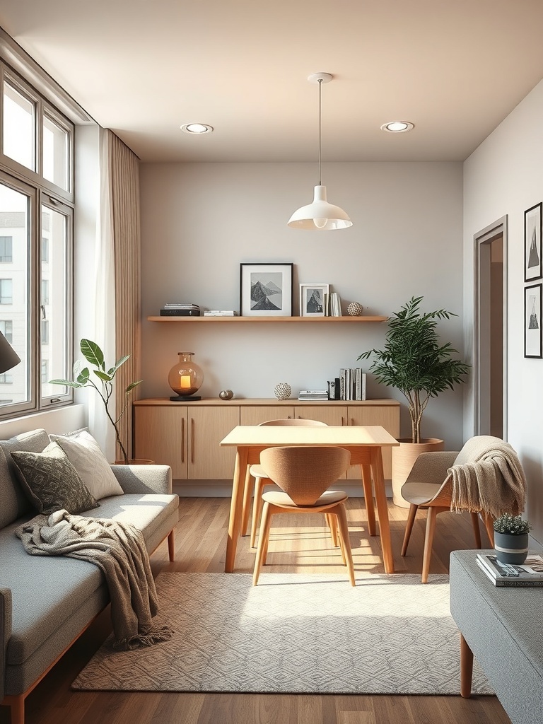 A cozy small living room featuring a compact dining table with chairs, a sofa, and warm lighting.