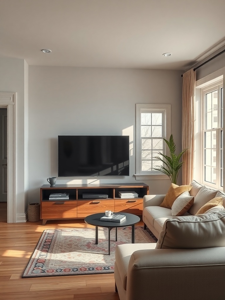 A compact living room with a sleek entertainment unit, a sofa, and a round coffee table.