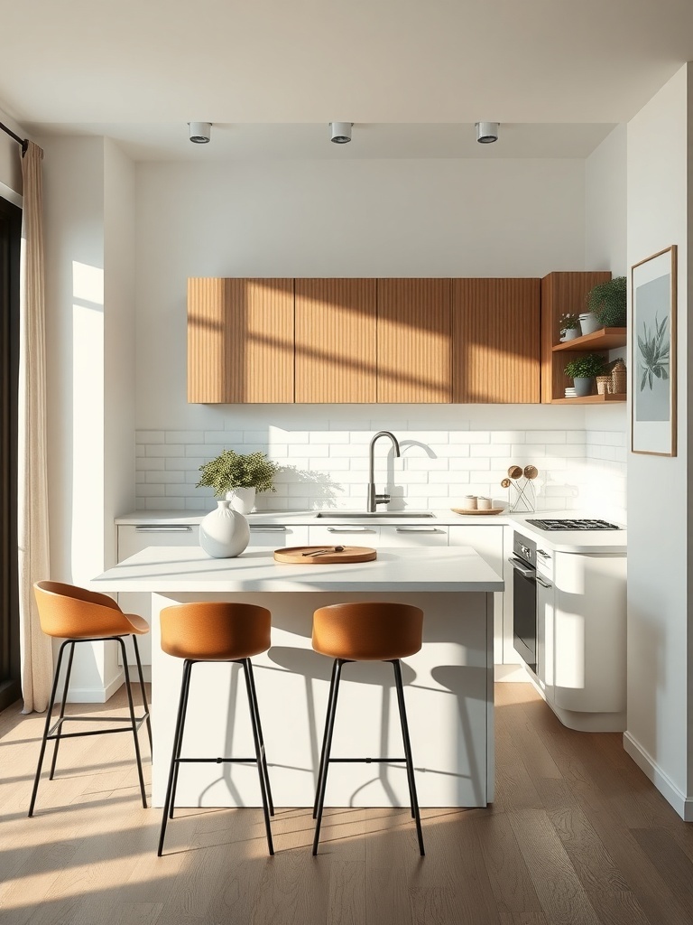 A modern compact kitchen with a white island and brown bar stools.