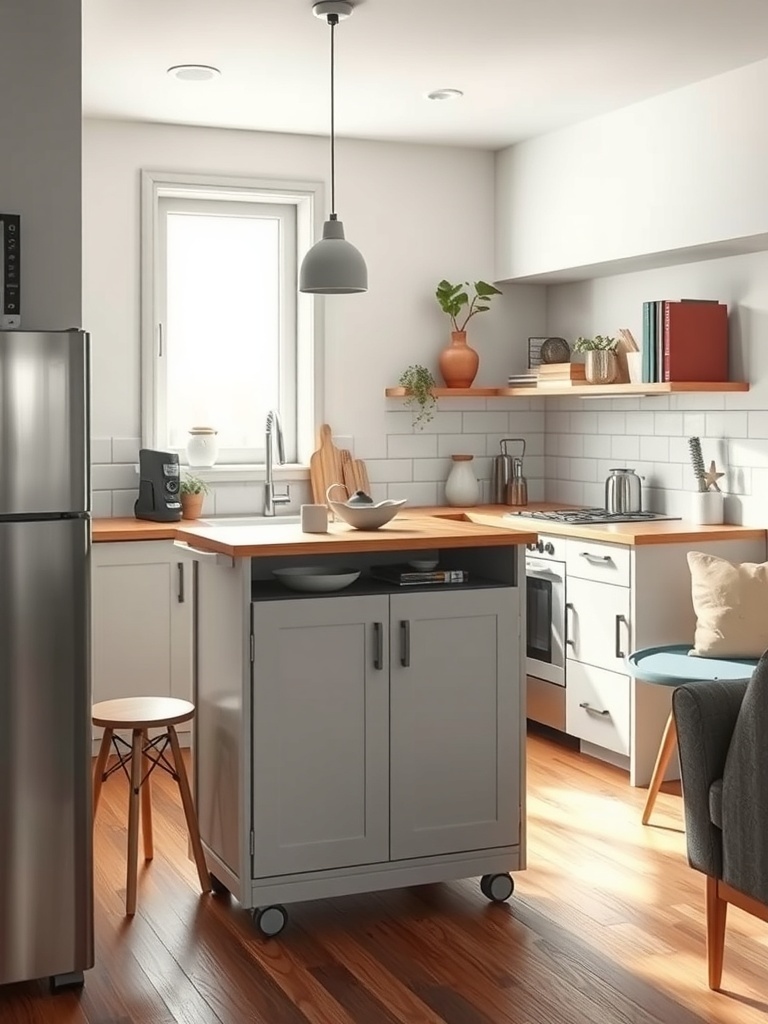 A compact kitchen with a movable island on wheels, featuring a light color scheme and wooden accents.