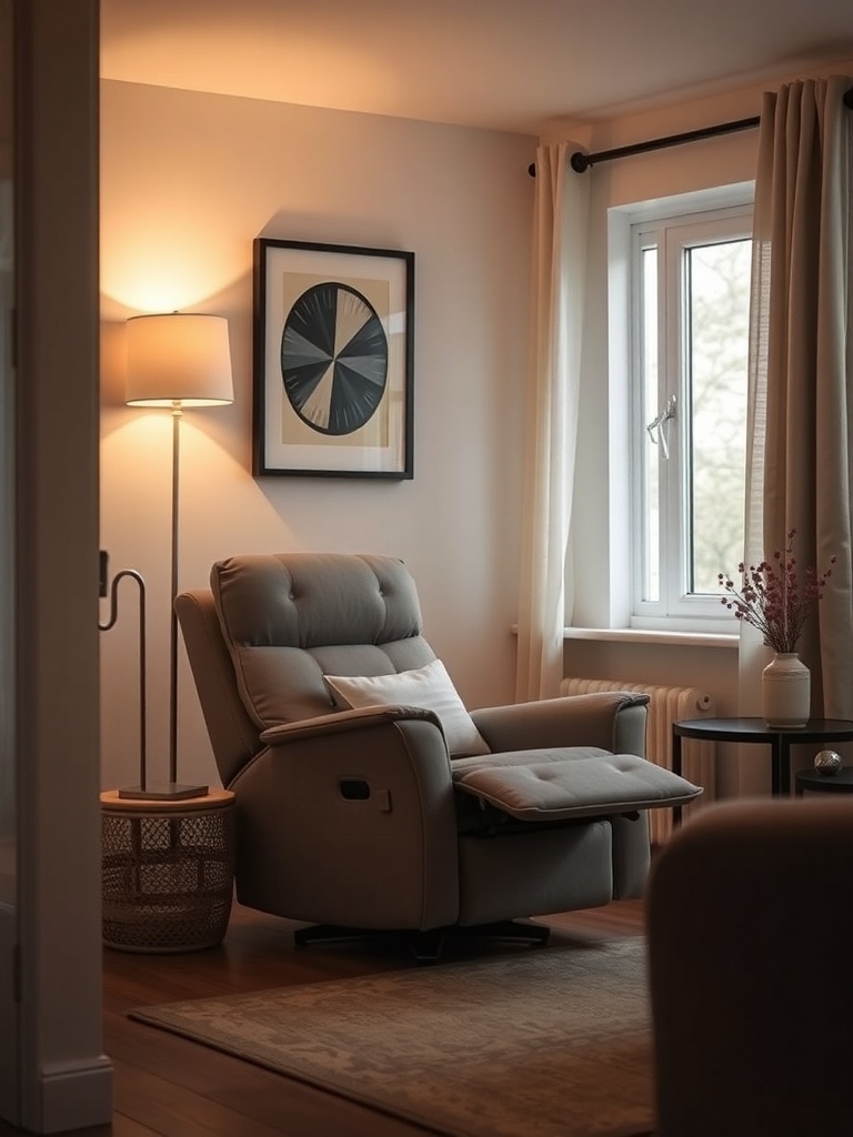 A cozy compact recliner in a small living room corner with a lamp and side table.