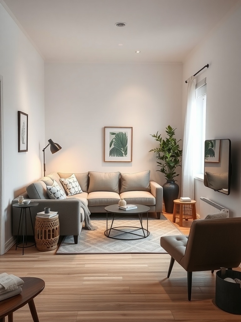 A cozy small living room featuring a compact sectional sofa, round coffee table, and decorative plants.