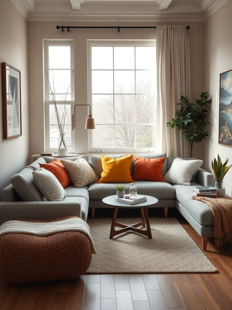 Cozy small living room with a light gray sectional sofa, colorful throw pillows, a round coffee table, and plants near a large window.