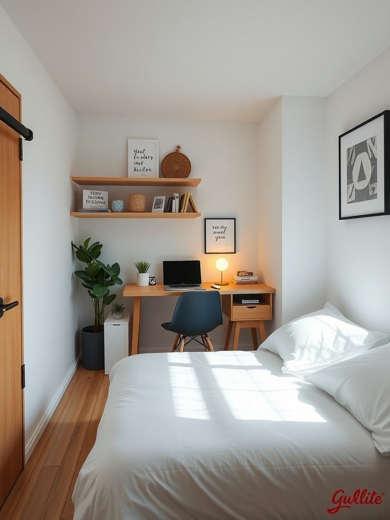Cozy small bedroom with a compact workspace featuring a desk, chair, and shelves.