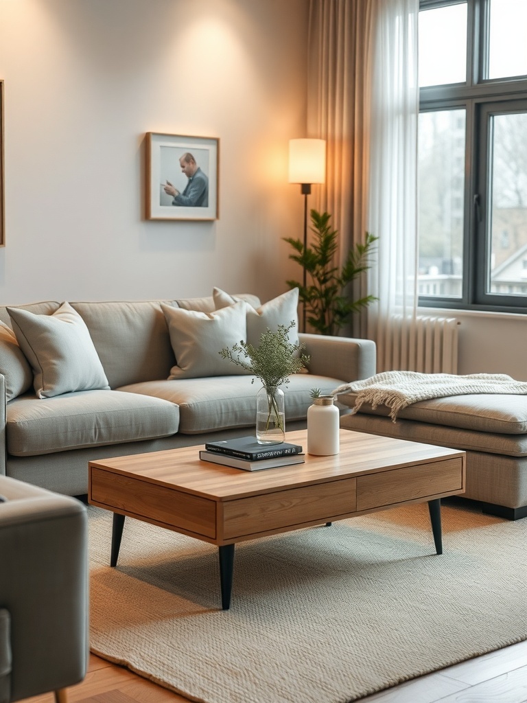 A modern convertible coffee table in a cozy living room setting, featuring a light wooden finish and storage drawers.