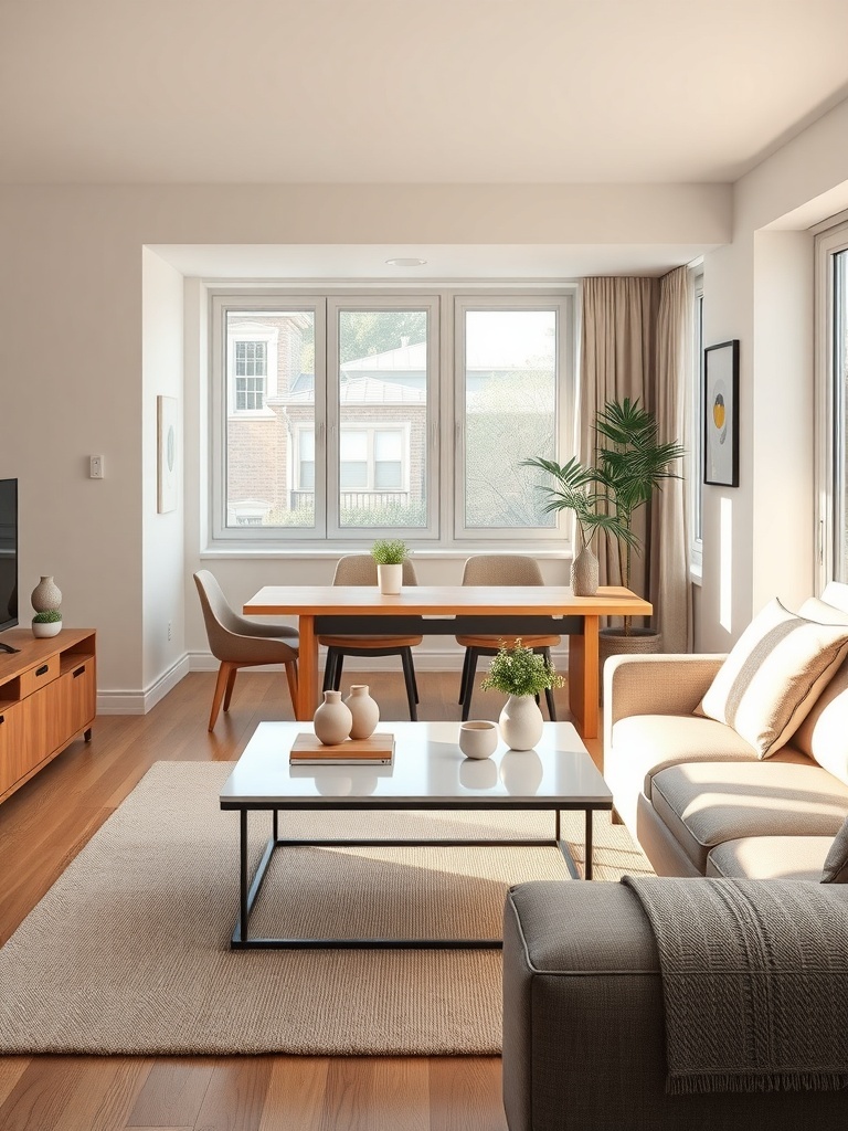 A stylish living room featuring a convertible coffee table, surrounded by a cozy sofa and dining area.