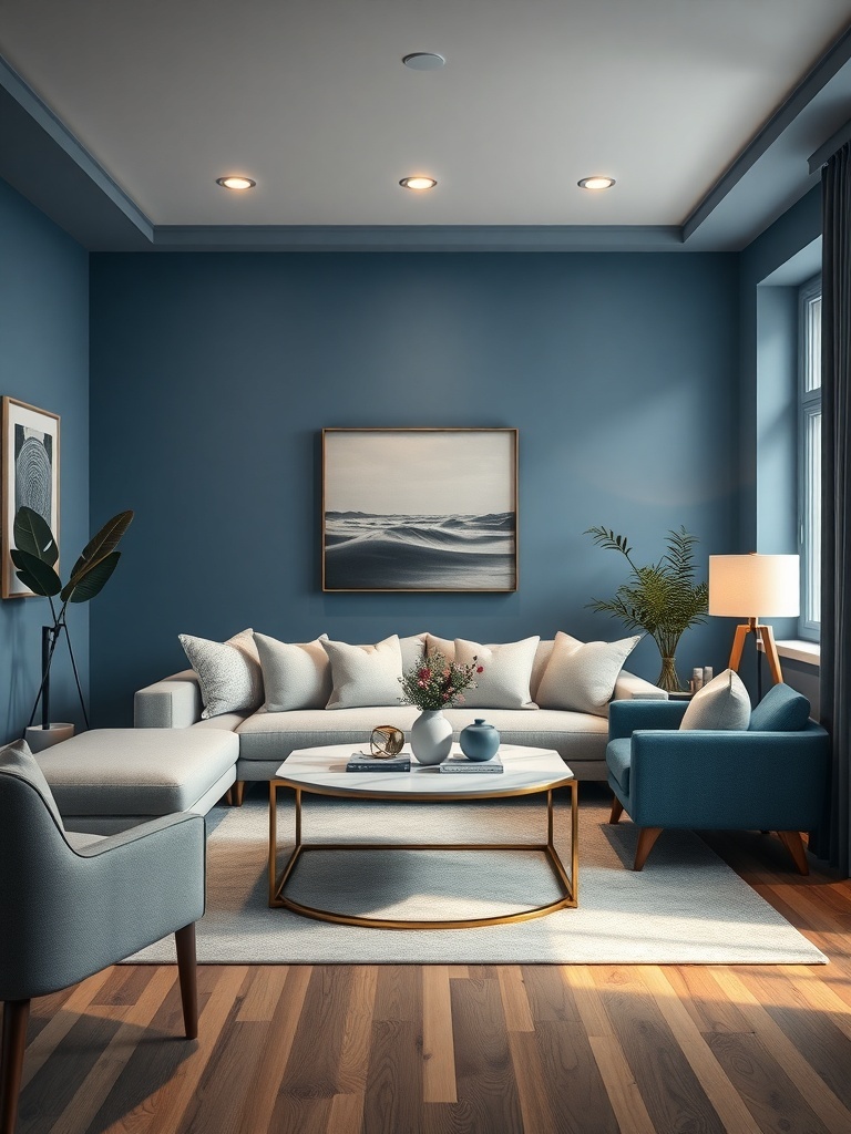 A small living room with cool blue walls, featuring a cozy sectional sofa, accent chair, and stylish coffee table.