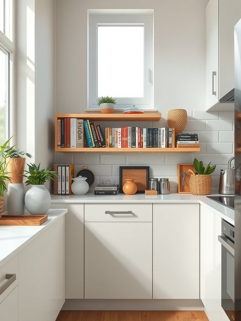 A bright kitchen corner featuring wooden shelves with books and plants.