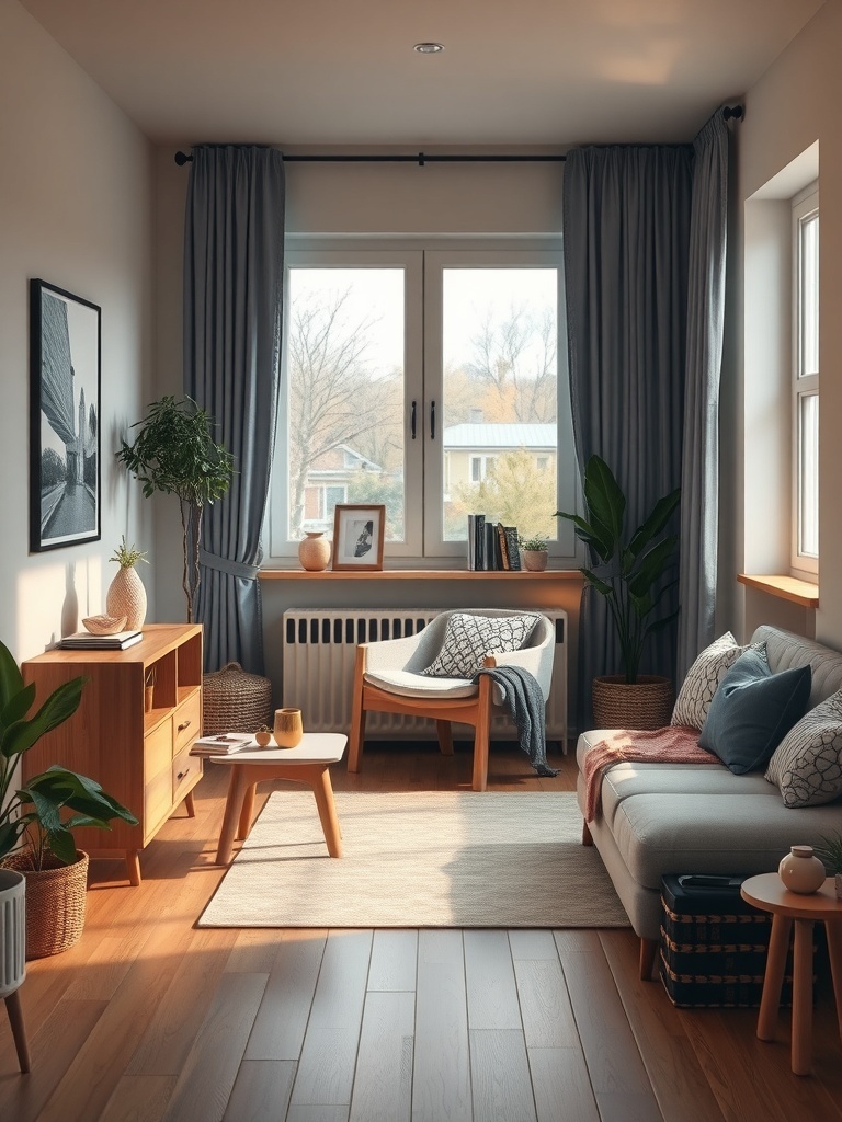 A cozy corner nook in a small apartment living room with a chair, plants, and natural light.