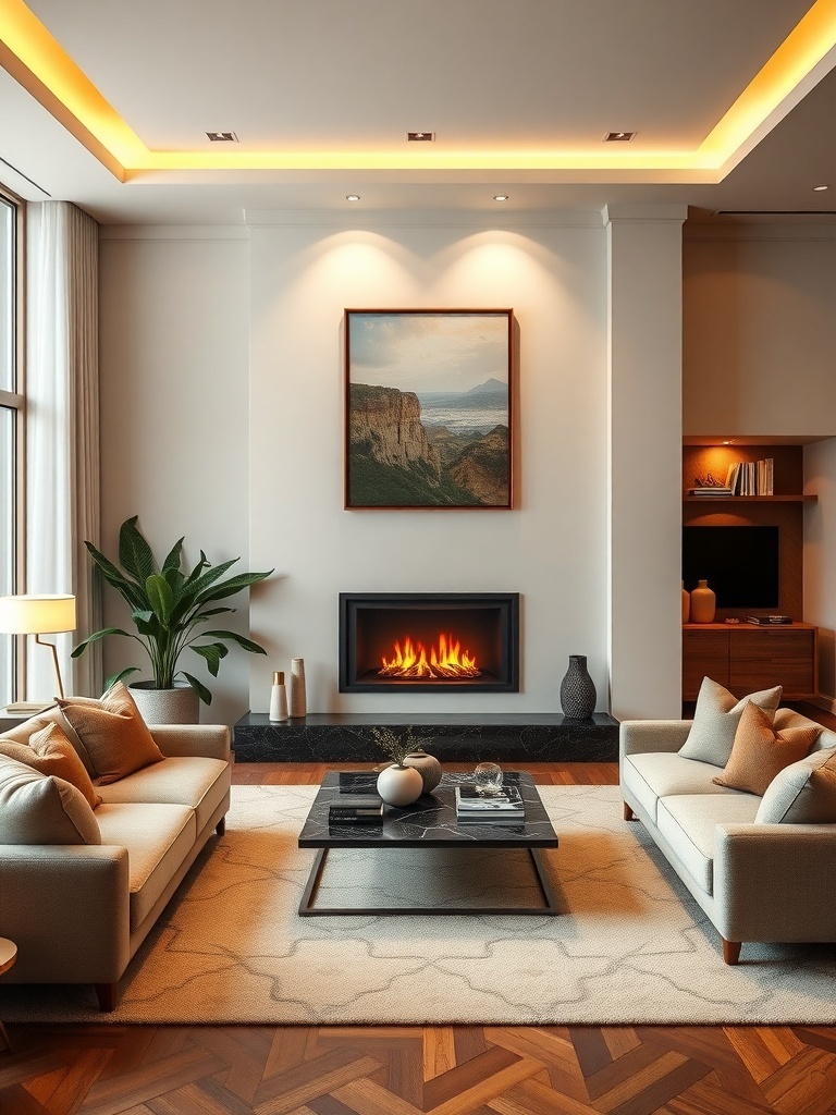 A modern living room featuring a cozy fireplace, two sofas, a coffee table, and warm lighting.