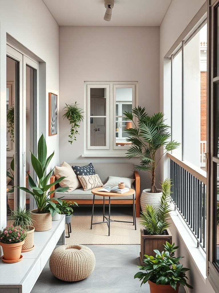 A cozy balcony seating area with plants, cushions, and a small table.