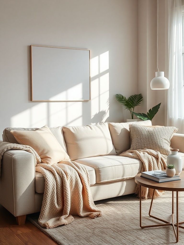 A cozy living room with a beige couch adorned with textured throws and cushions, complemented by a wooden coffee table.