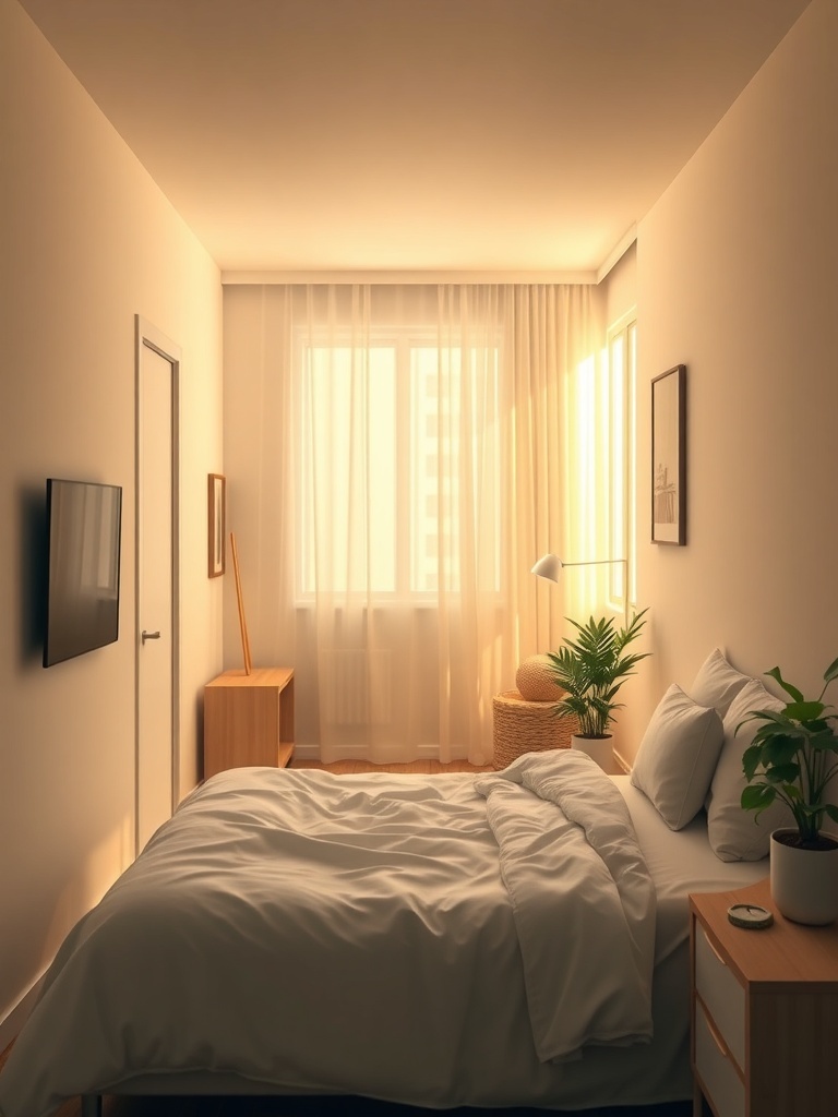 A cozy small bedroom with natural light, soft bedding, and plants.