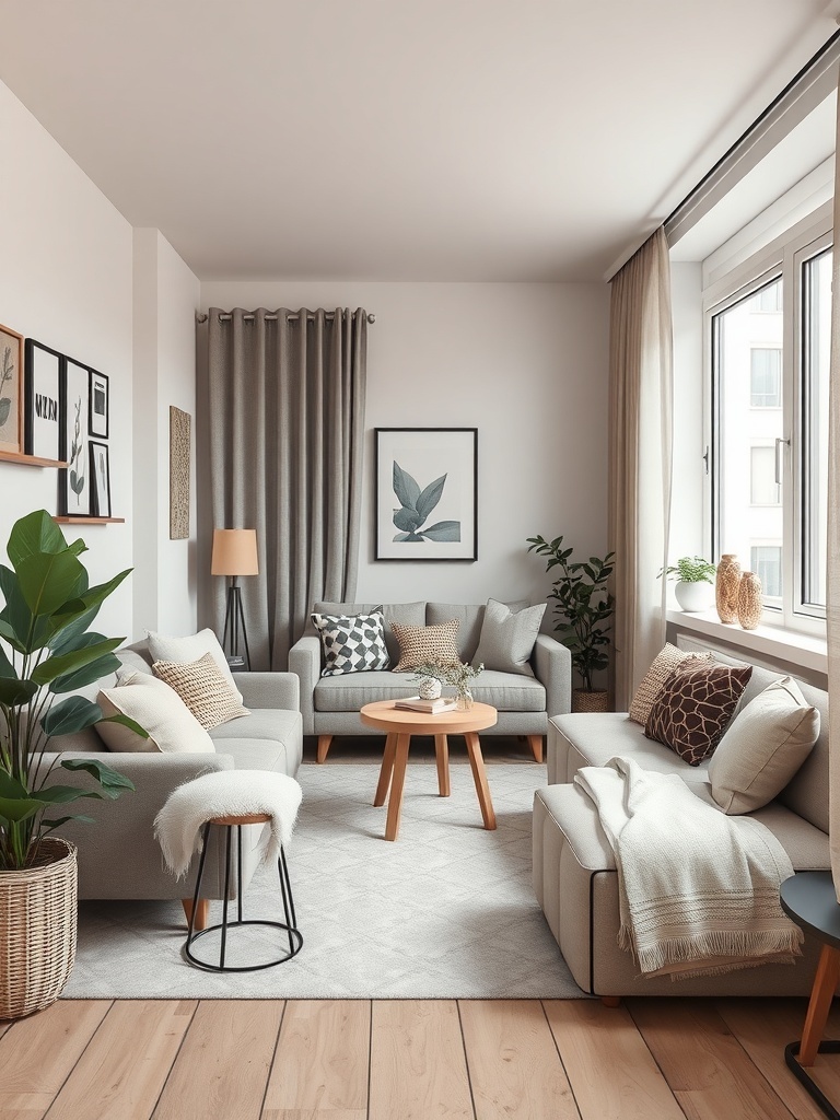 Cozy small apartment living room with soft textiles and plants.