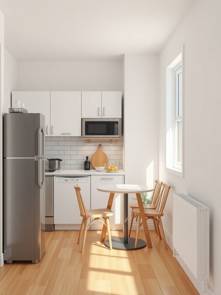 Small kitchen with a cozy breakfast nook featuring a round table and wooden chairs.