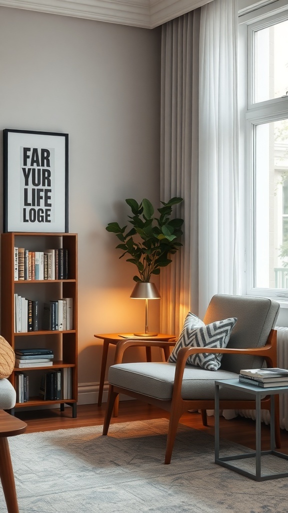 Cozy reading nook with a chair, bookshelf, and warm lighting