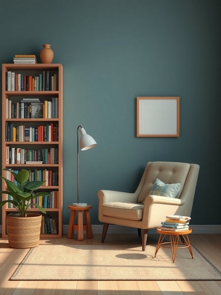 A cozy reading nook featuring a comfortable chair, a floor lamp, a bookshelf, and a plant.