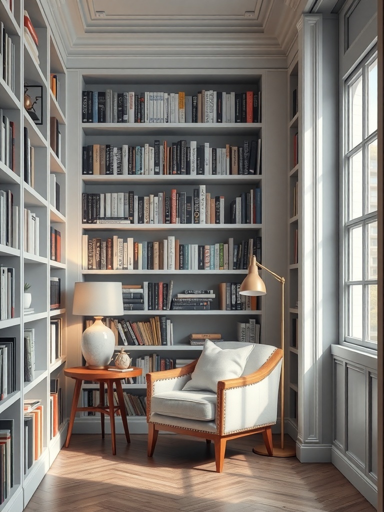 Cozy reading nook with bookshelves, a comfortable chair, and warm lighting.