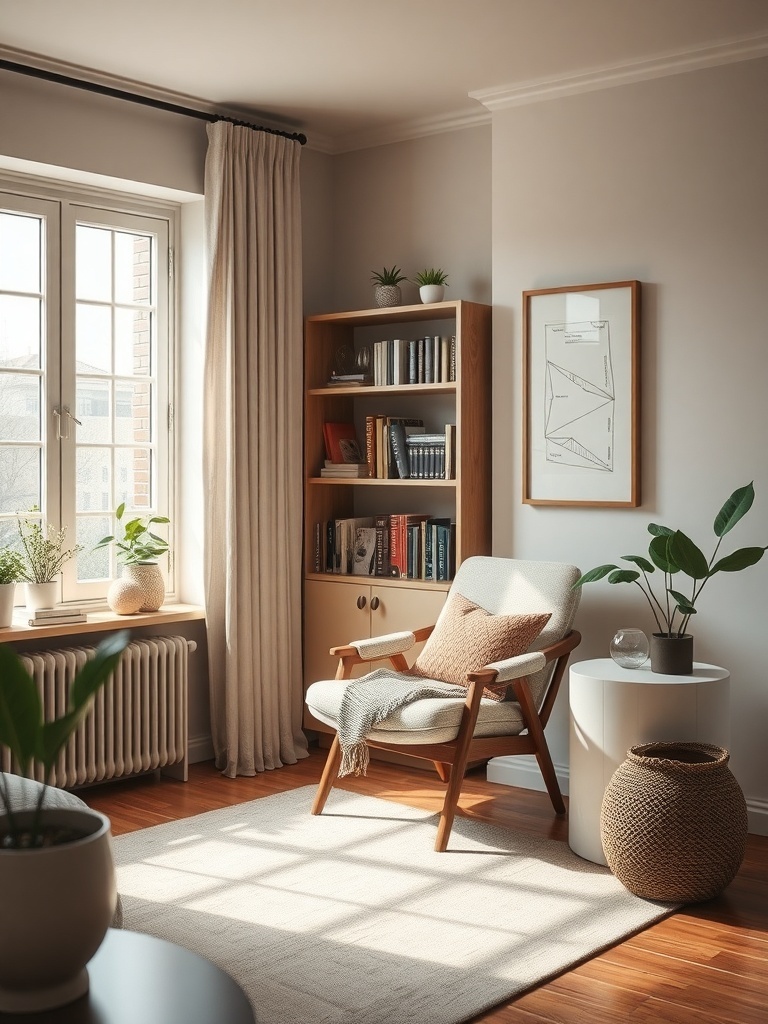 Cozy reading nook in a small condo living room with a comfortable chair, bookshelves, and plants.