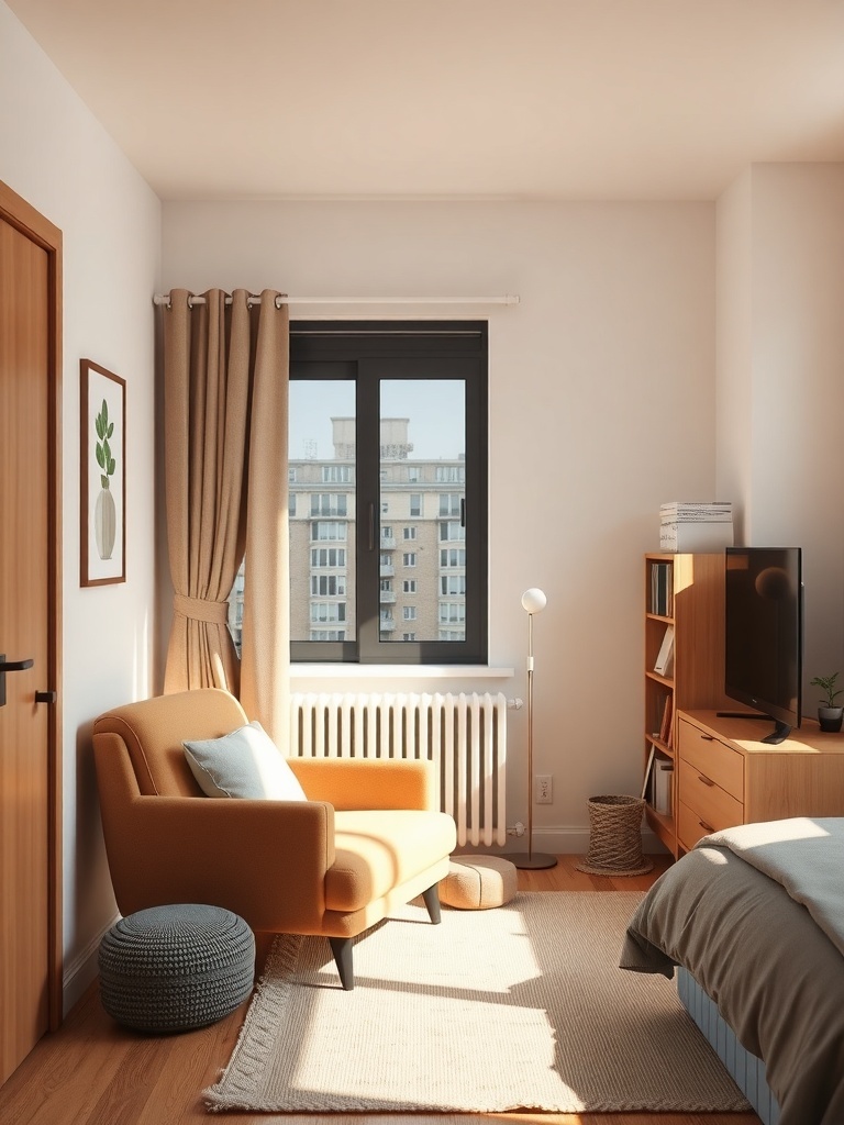 Cozy reading nook in a small apartment bedroom with an orange chair, a side table, and natural light.