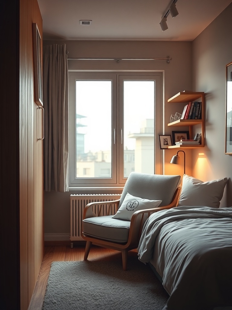 Cozy reading nook in a small bedroom with a chair and bookshelves.