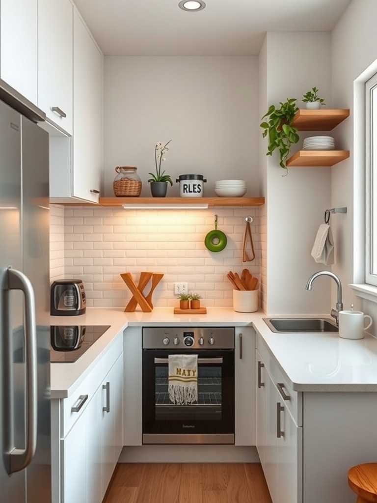 Small apartment kitchen with a stylish backsplash and open shelves.