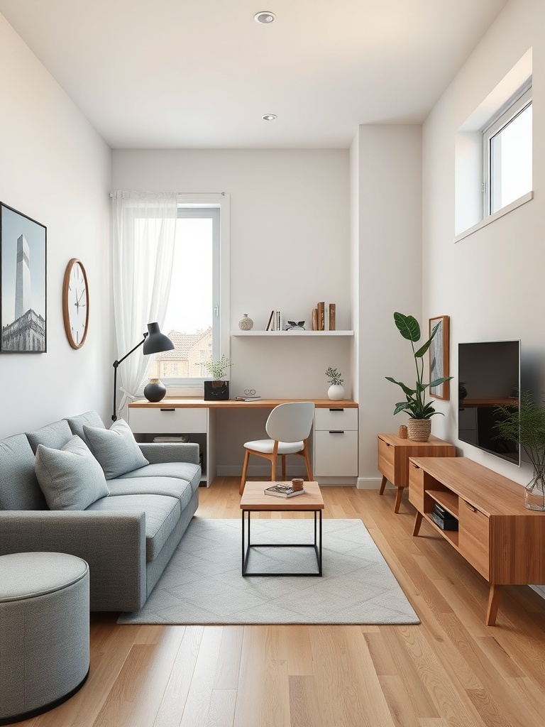 A small living room with a desk, chair, and plants, showcasing a functional work-from-home space.
