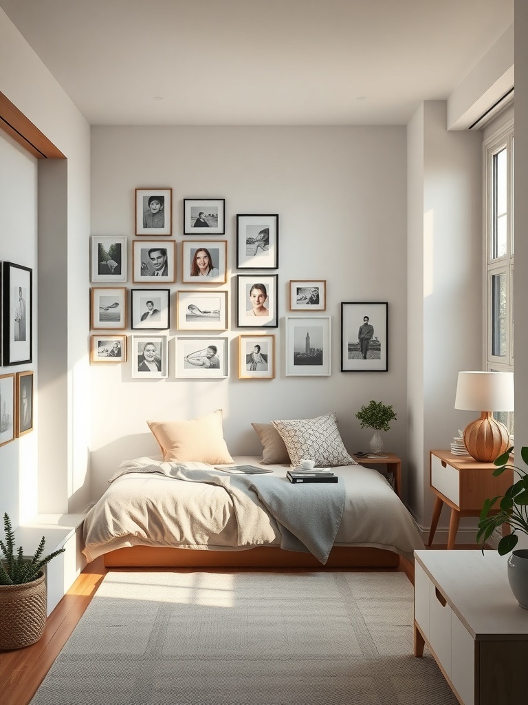 A cozy bedroom featuring a gallery wall with various framed pictures.