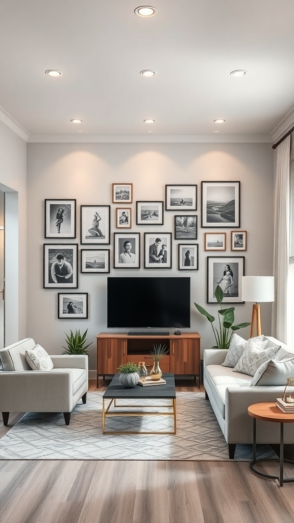 A stylish small living room with a gallery wall featuring framed black-and-white photographs, a TV, and plants.