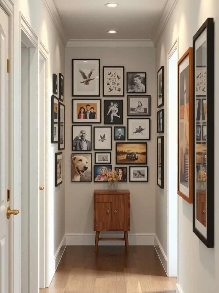 A hallway featuring a gallery wall with various framed pictures and a small wooden cabinet.