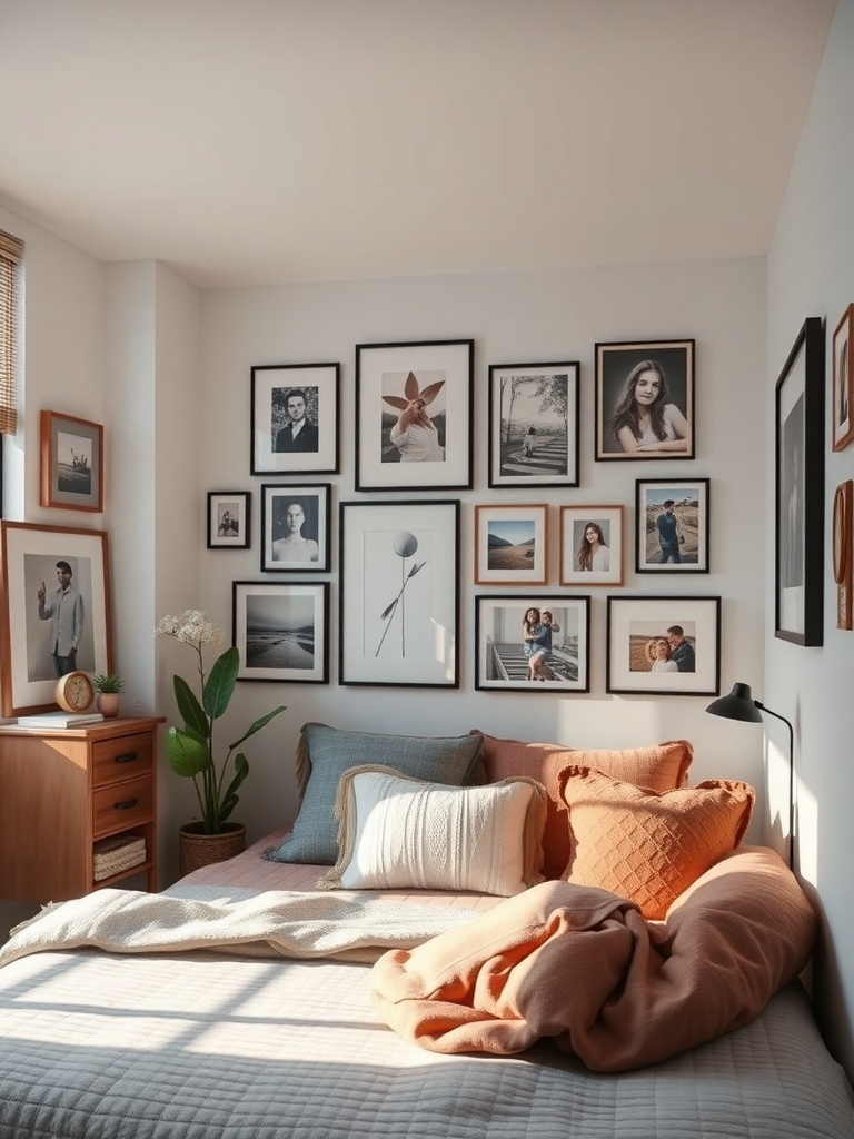 Cozy bedroom with a gallery wall featuring framed photos and artwork.