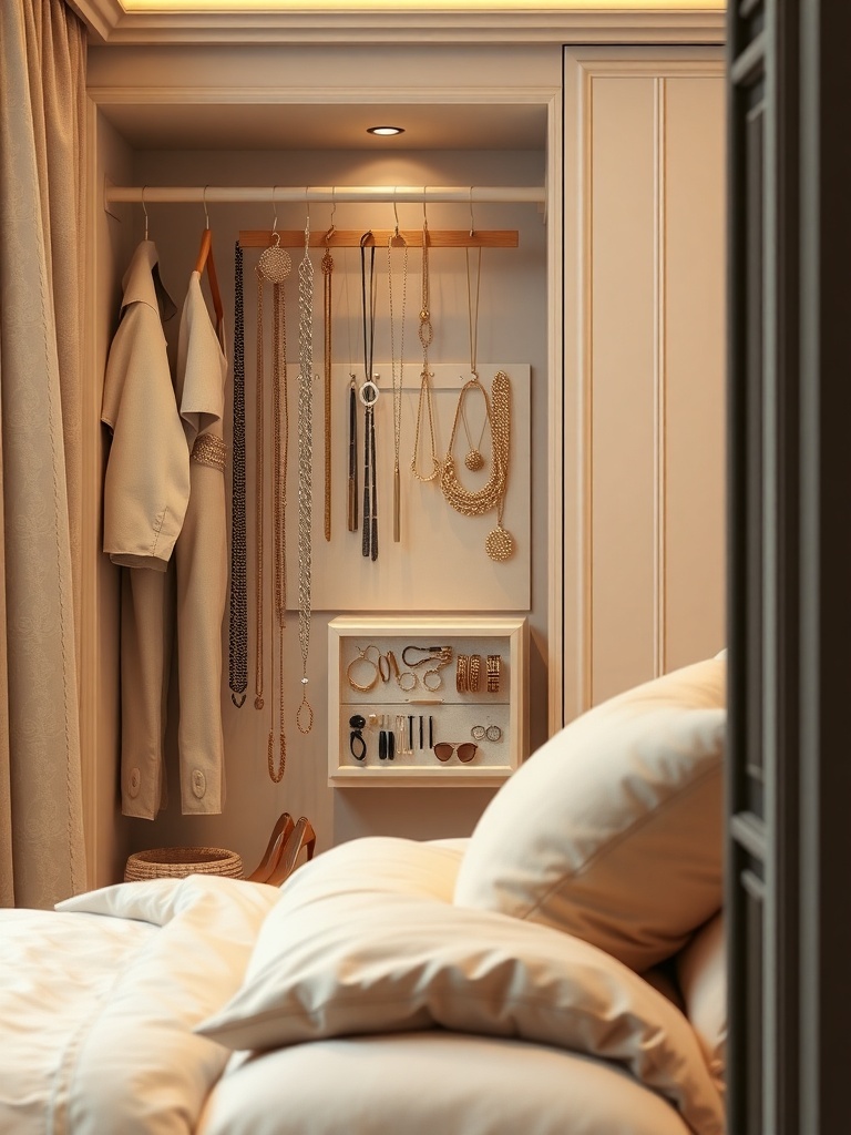 A well-organized jewelry display with hanging necklaces and a shelf for rings and earrings.