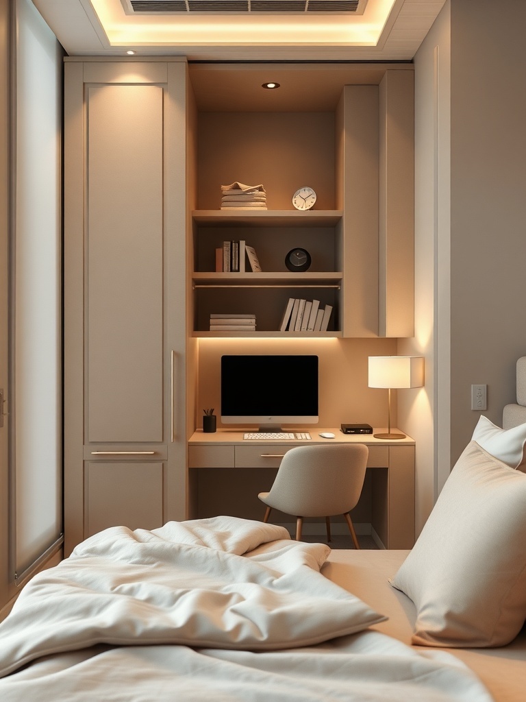 A small closet transformed into a mini office space with a desk, computer, and organized shelves.