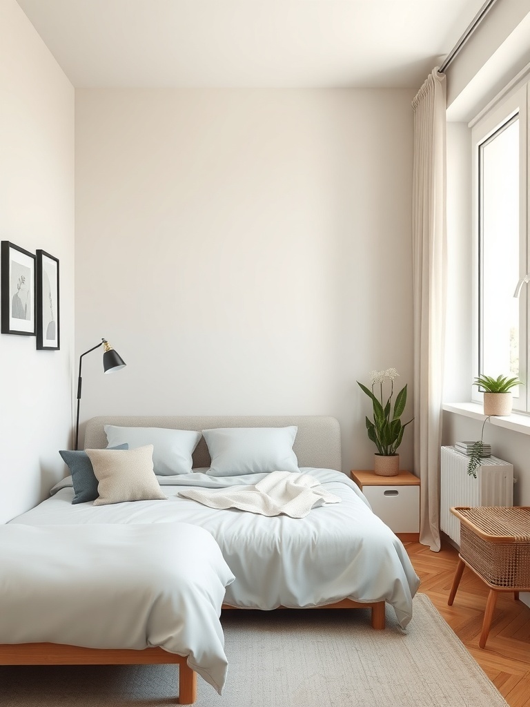 A cozy minimalist bedroom with soft colors and simple decor.